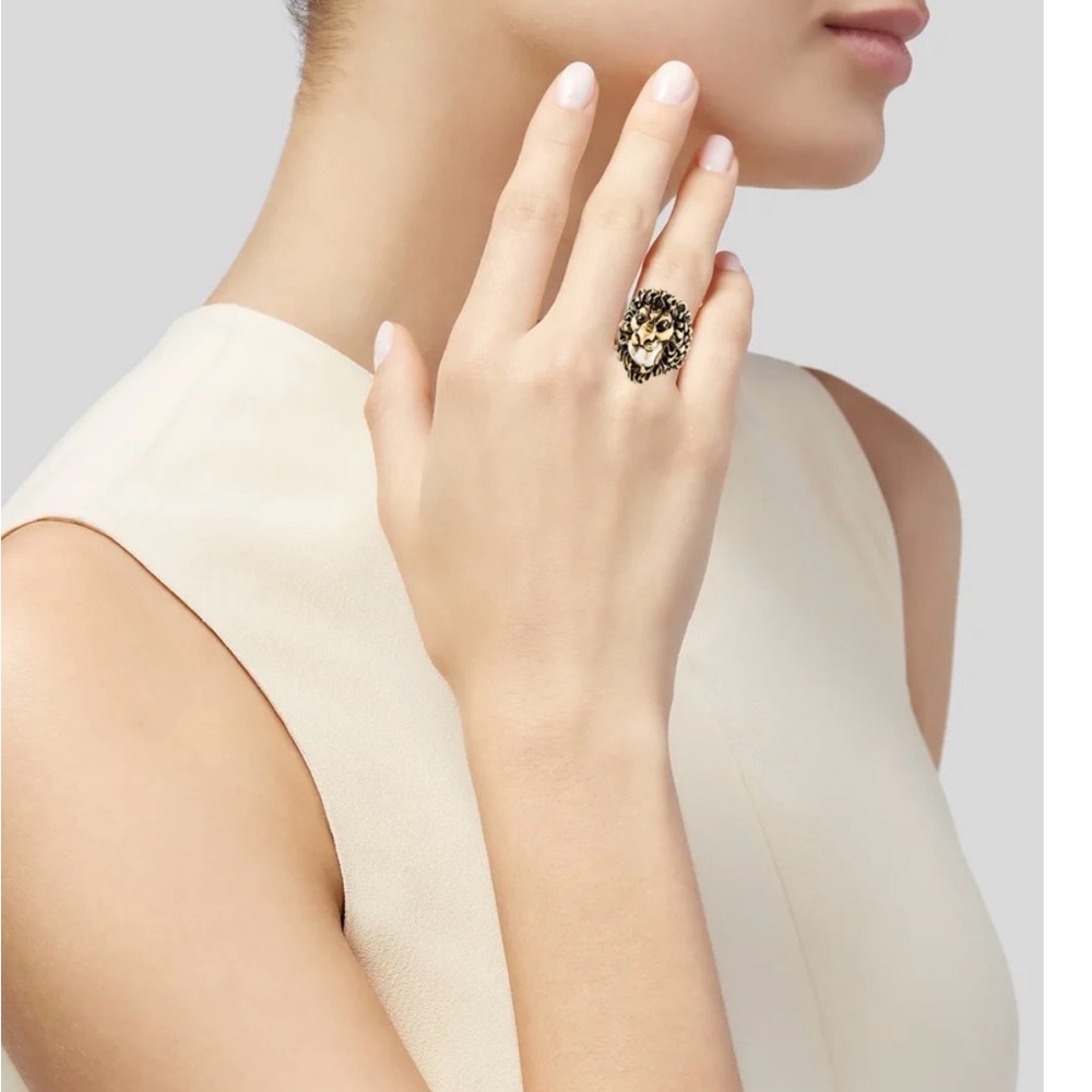 Gucci Gold-Tone Lion Head Ring with White Orb